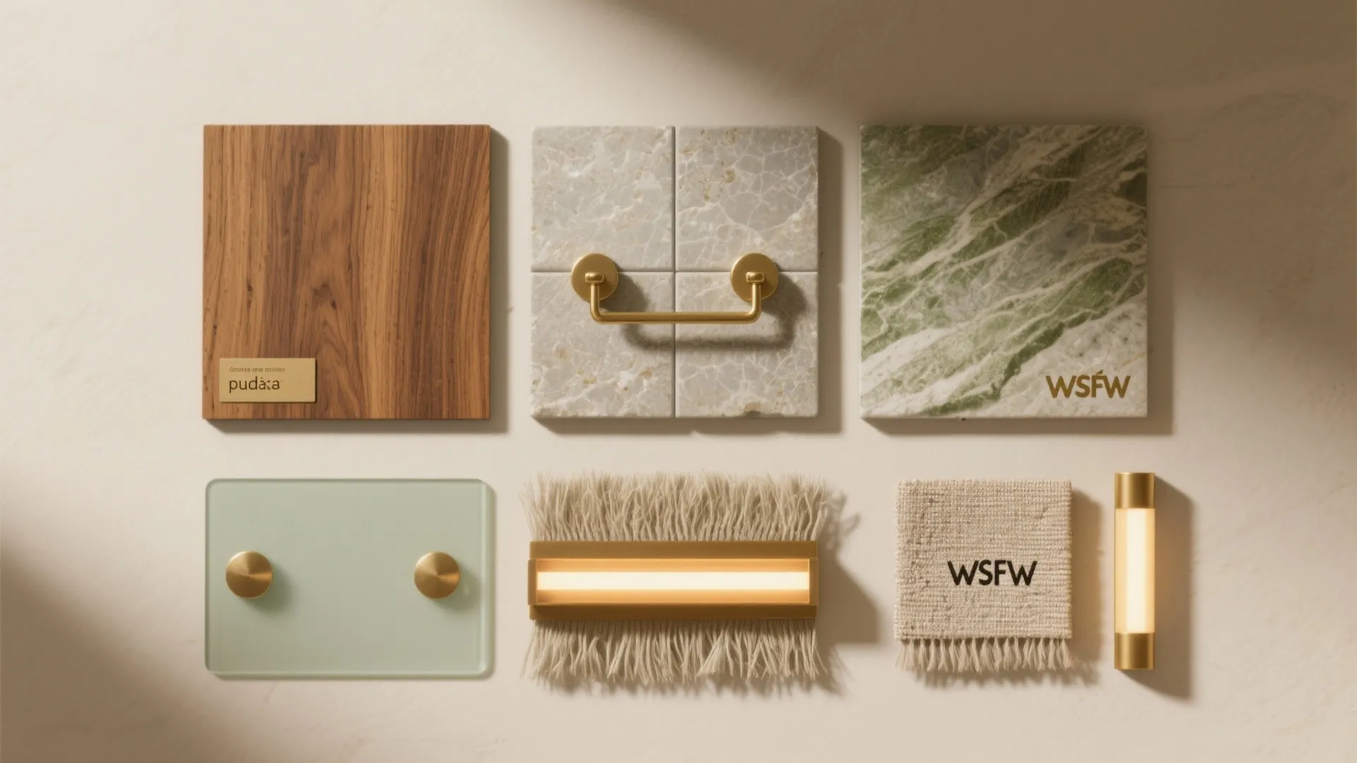 Material board showing wood texture marble tiles green stone glass panel and small light fixture