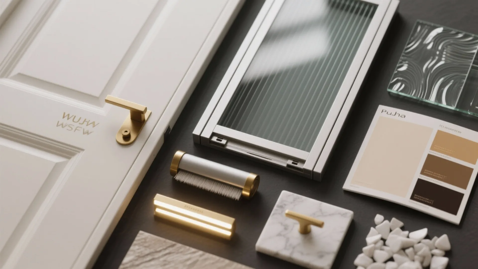 White door with gold handle and fluted glass marble sample plus color palette on table