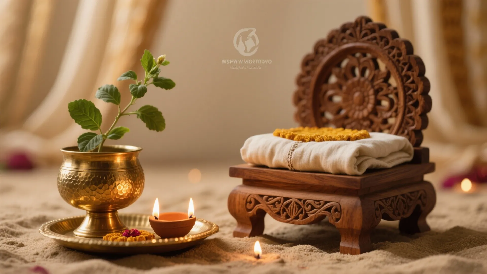 Small wooden chair with white fabric next to brass pot and candles on sand surface