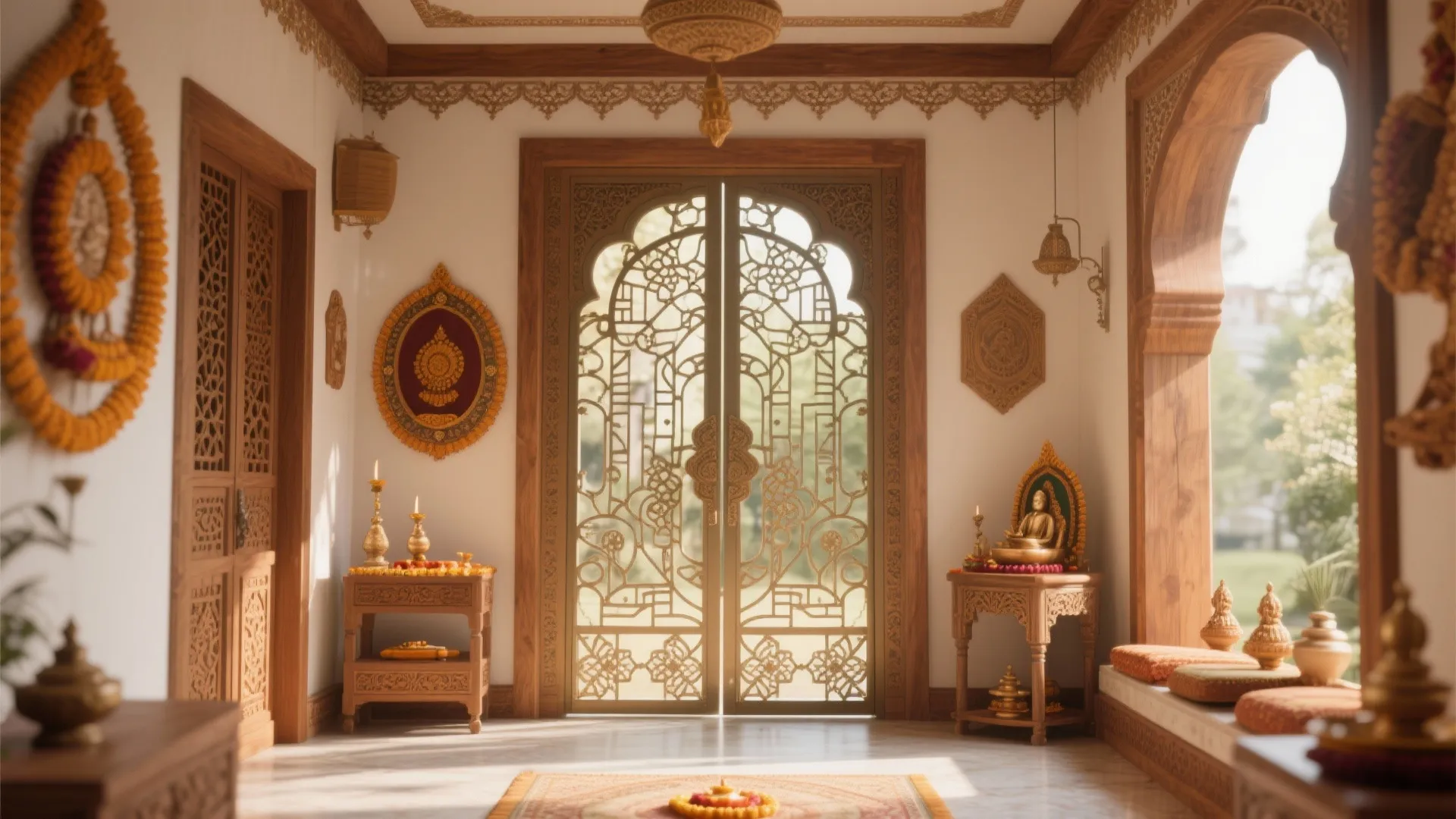Bright prayer room with large patterned door and wooden tables holding small gold decorative items