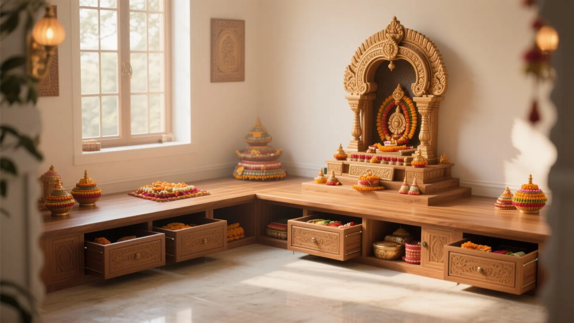 Traditional prayer room with a wooden platform and open storage drawers for various colorful items