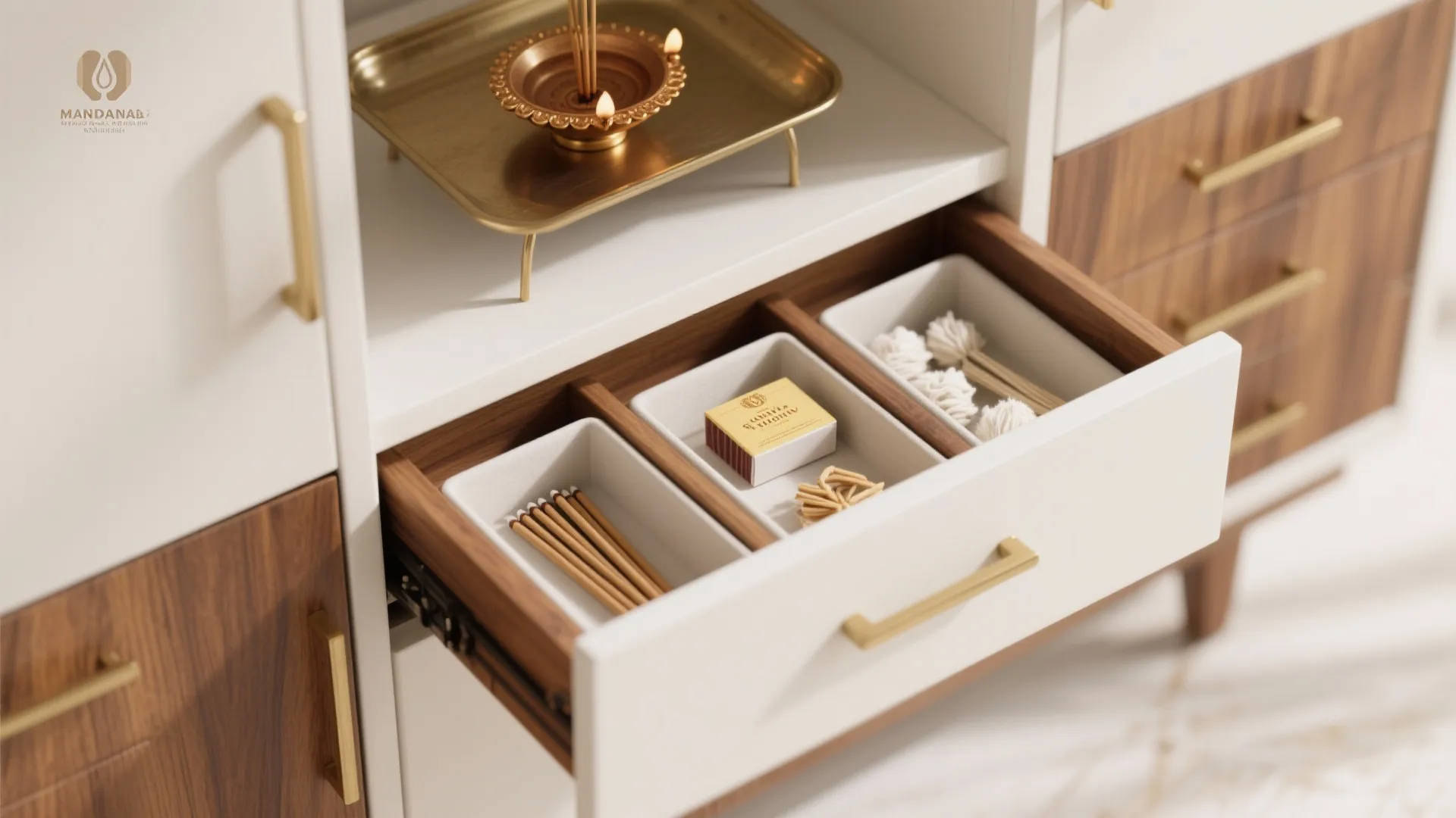 Minimalist puja storage that keeps offerings tidy