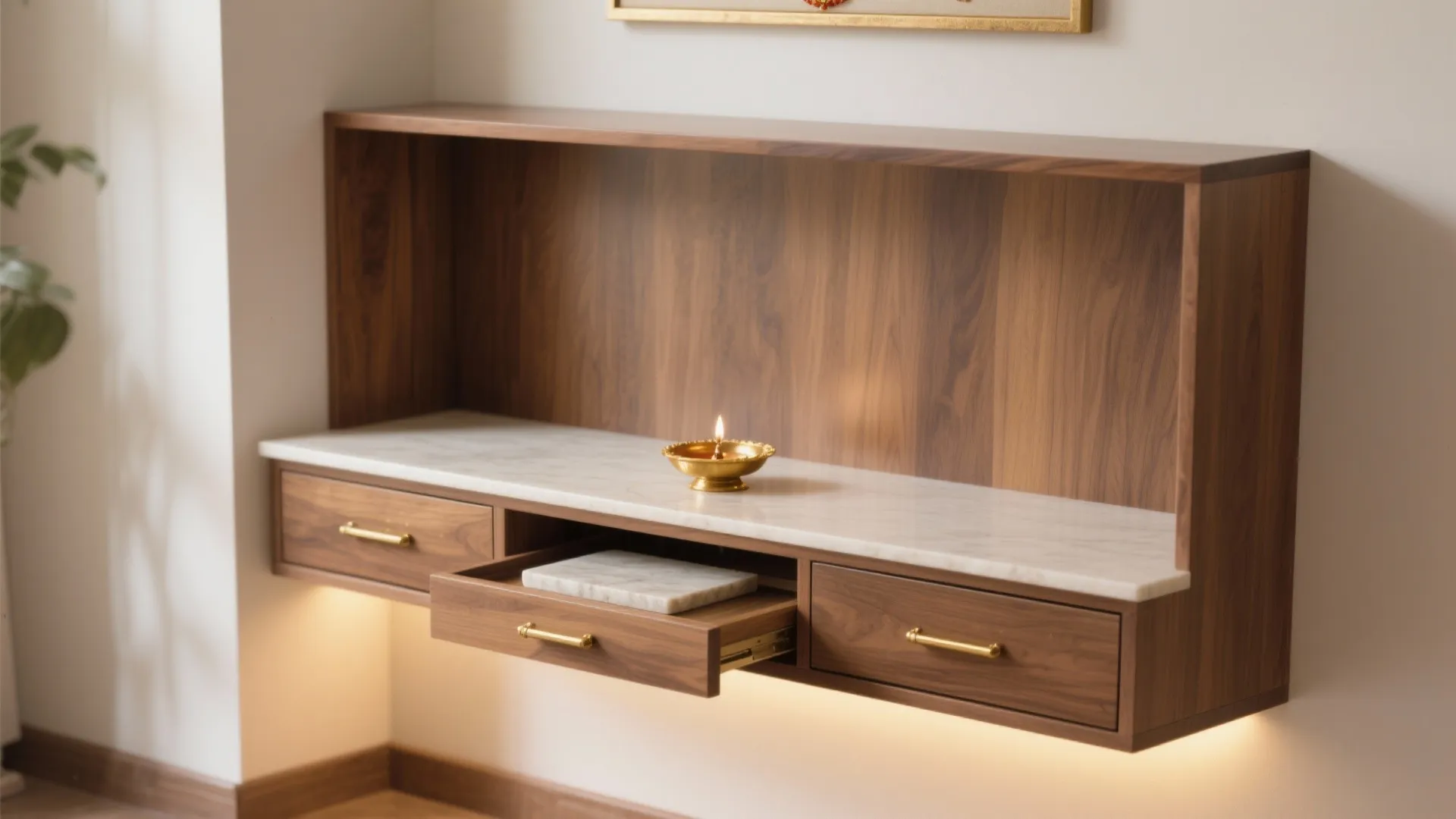 Minimalist puja storage that keeps offerings tidy