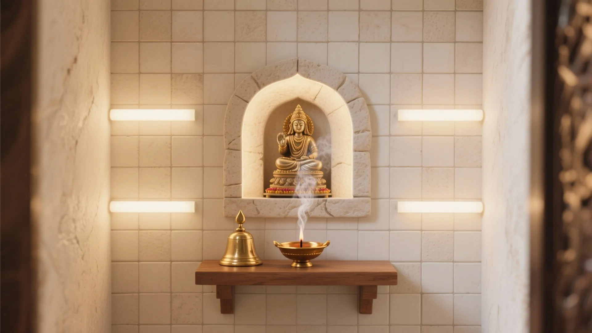 Gold Buddha statue in arched wall niche with incense smoke and candle on wooden wall shelf