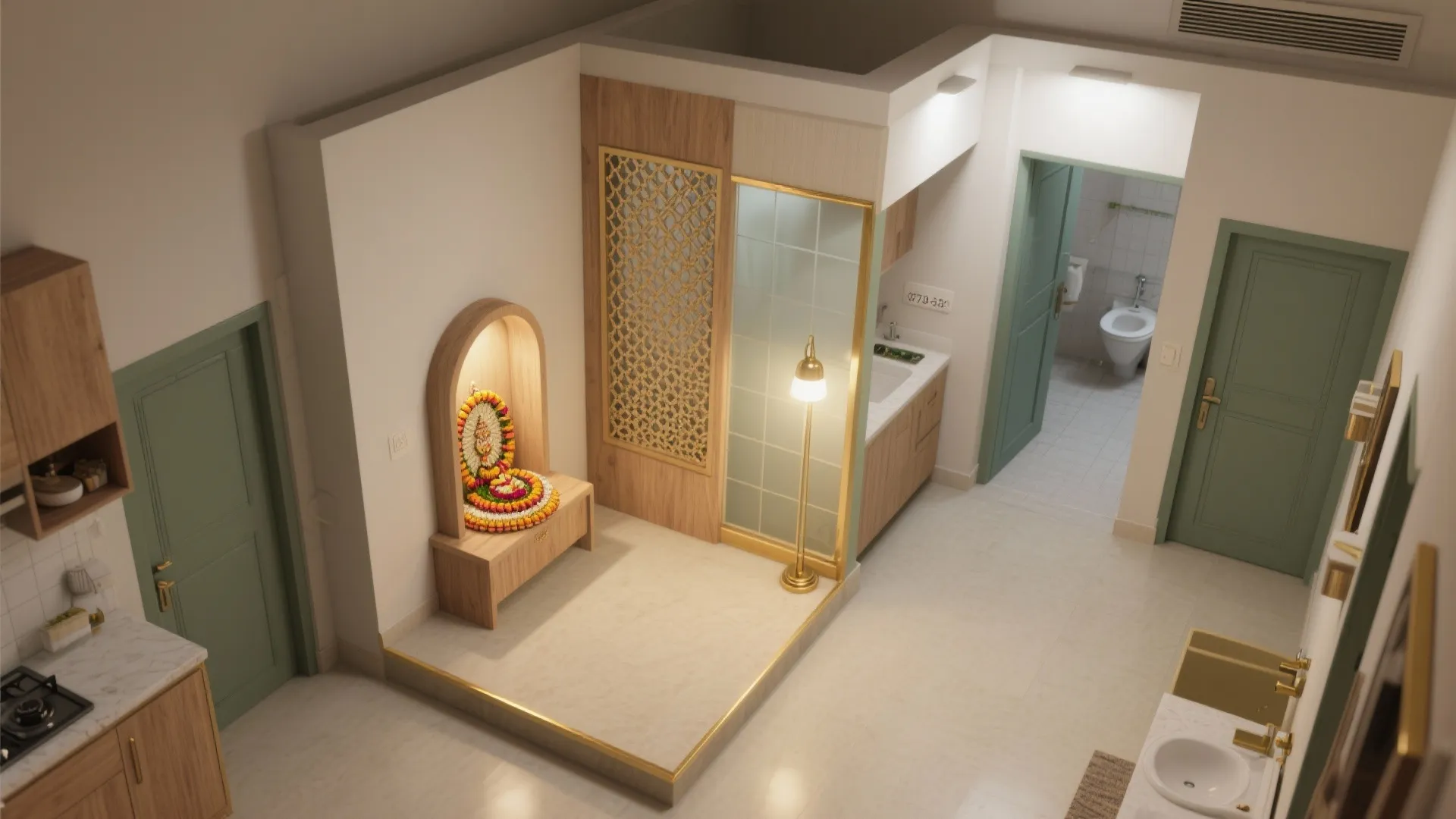 Top down view of prayer area with wooden shrine floor lamp and green room doors