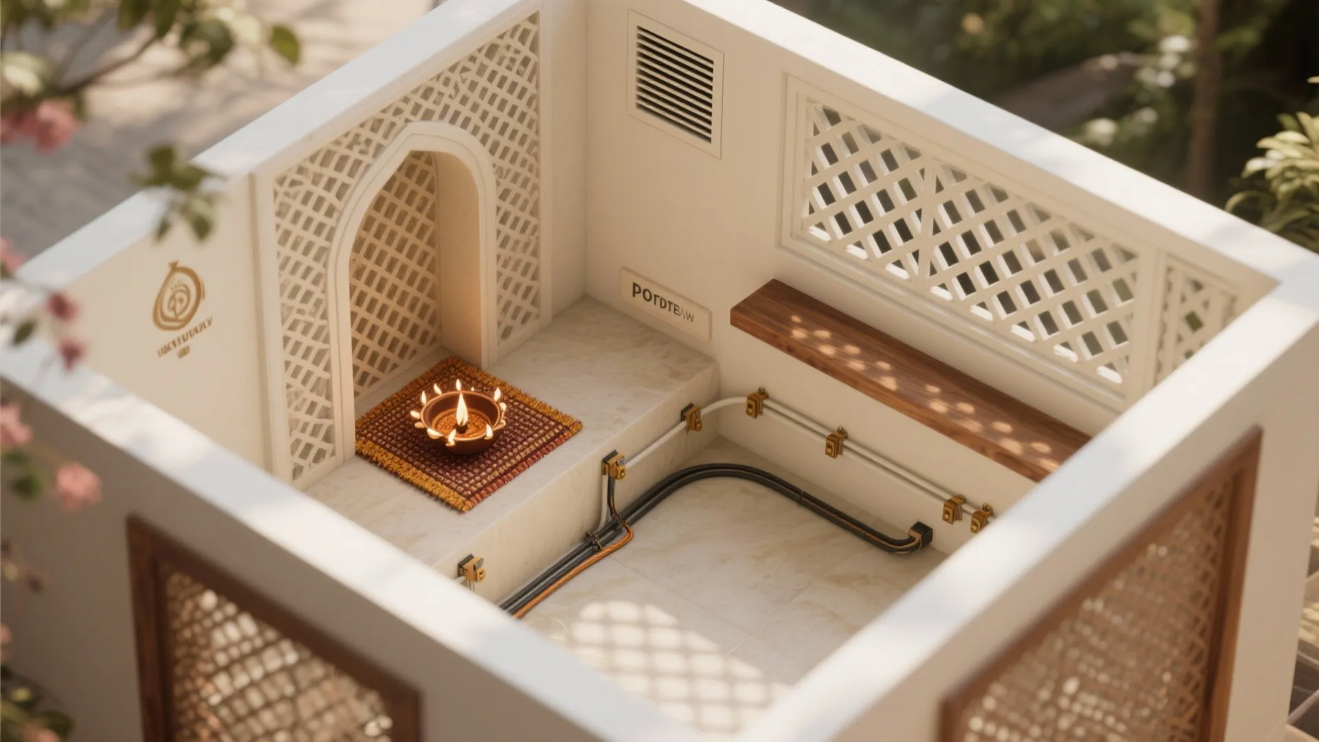 White prayer room with carved wall patterns oil lamp wooden shelf and visible floor electrical wiring