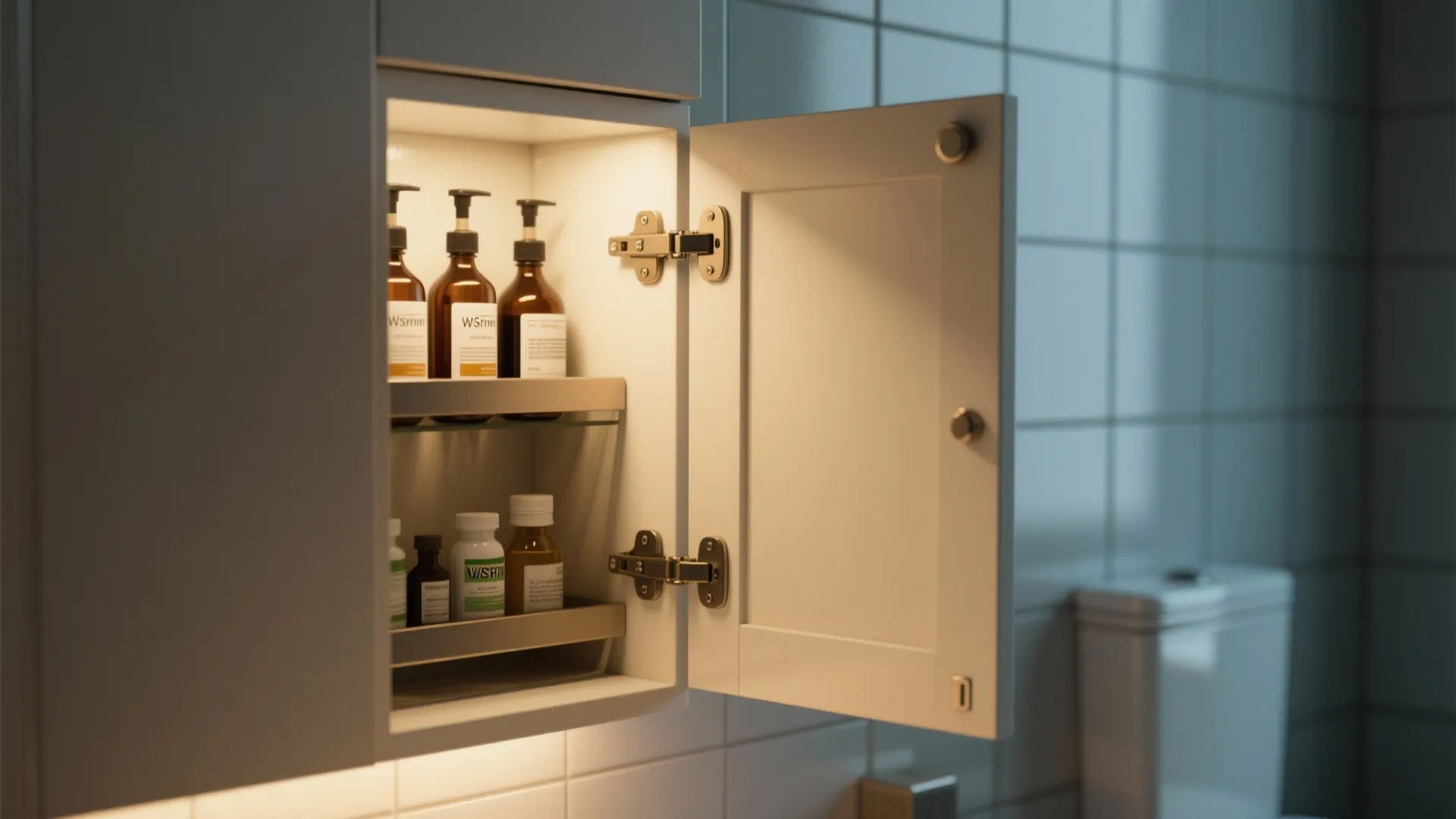 Open white bathroom cabinet with built-in light showing organized glass bottles and small medicine jars