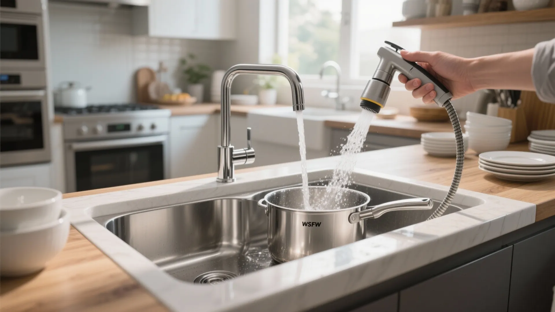 2. Pull-down 3-way faucet to increase reach