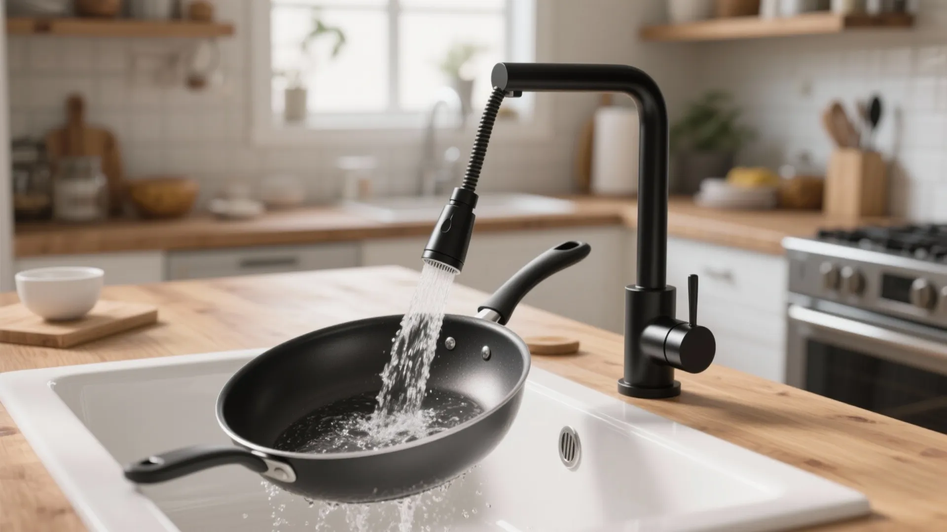 Black kitchen tap with pull out sprayer washing a frying pan in white ceramic sink