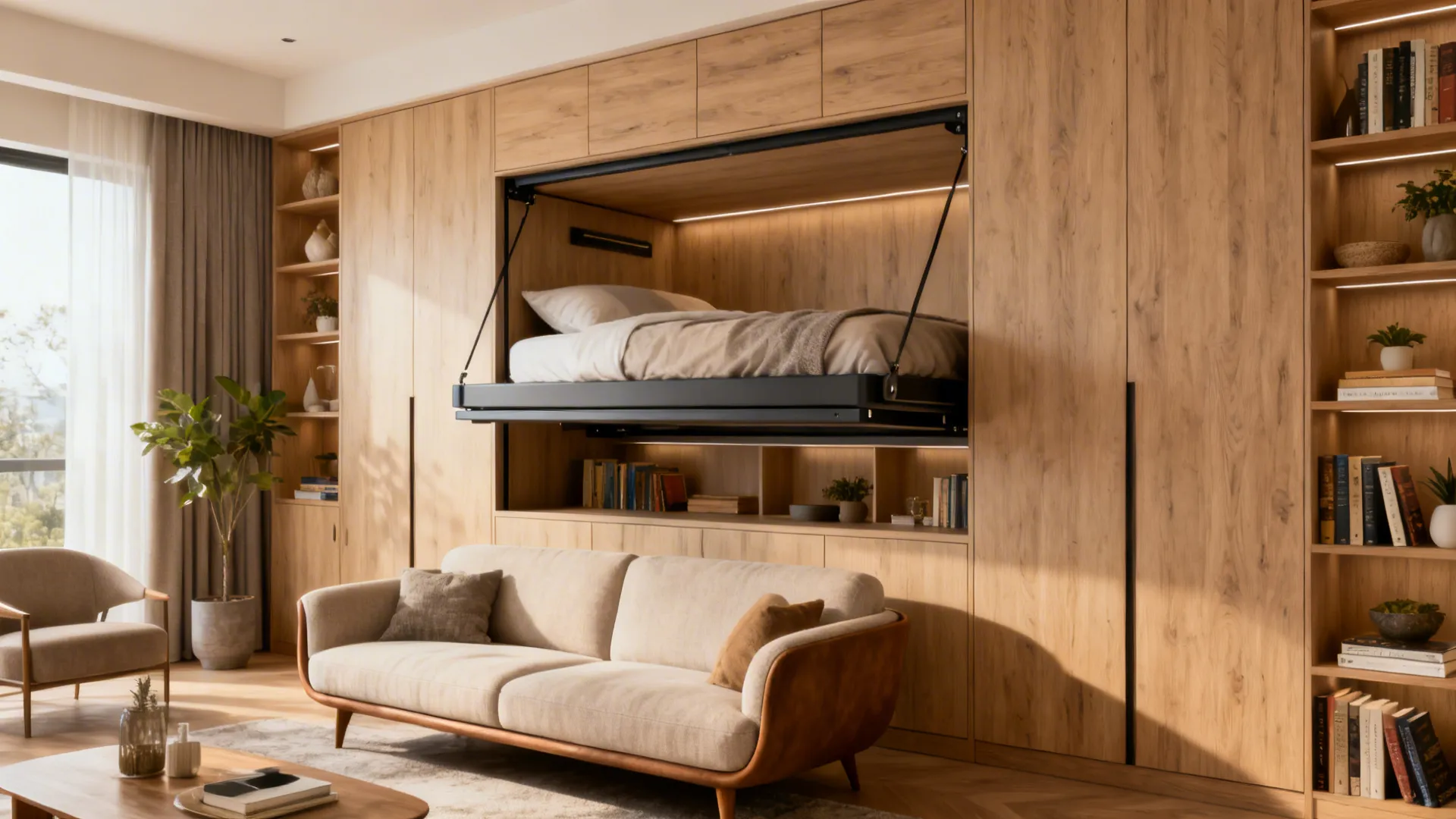 Modern living room featuring beige sofa and wooden wall bed lowered from a large cabinet