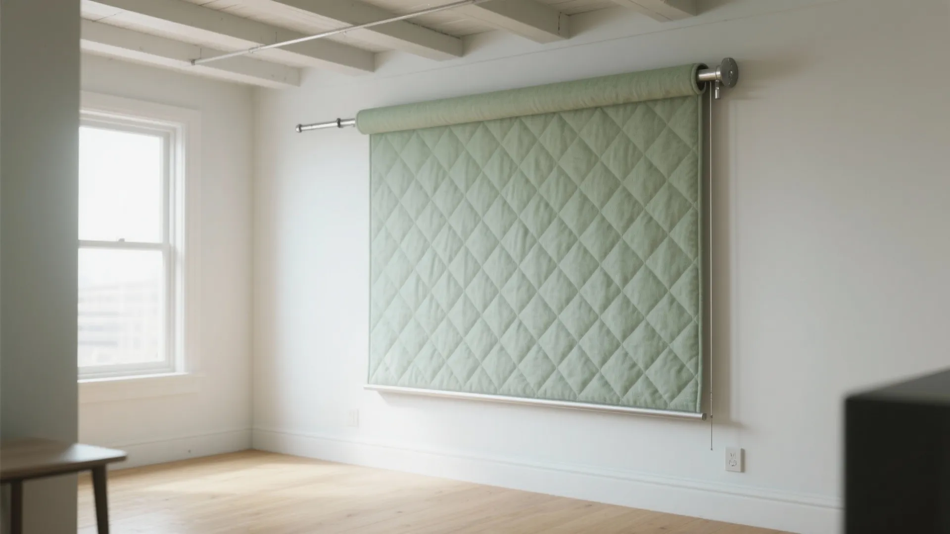Green quilted wall hanging attached to a metal rod in a bright room with window