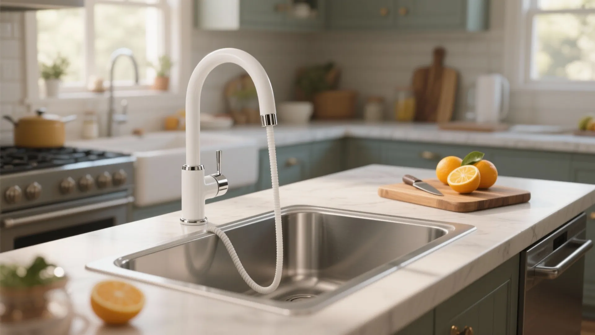 2. White pull-down faucet with subtle chrome accents