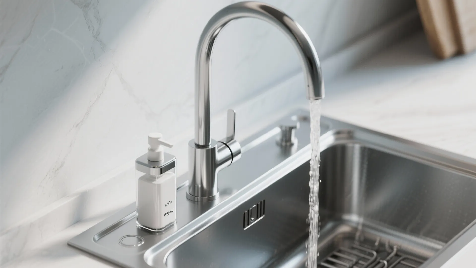 Modern chrome kitchen tap with running water and soap dispenser on a stainless steel sink