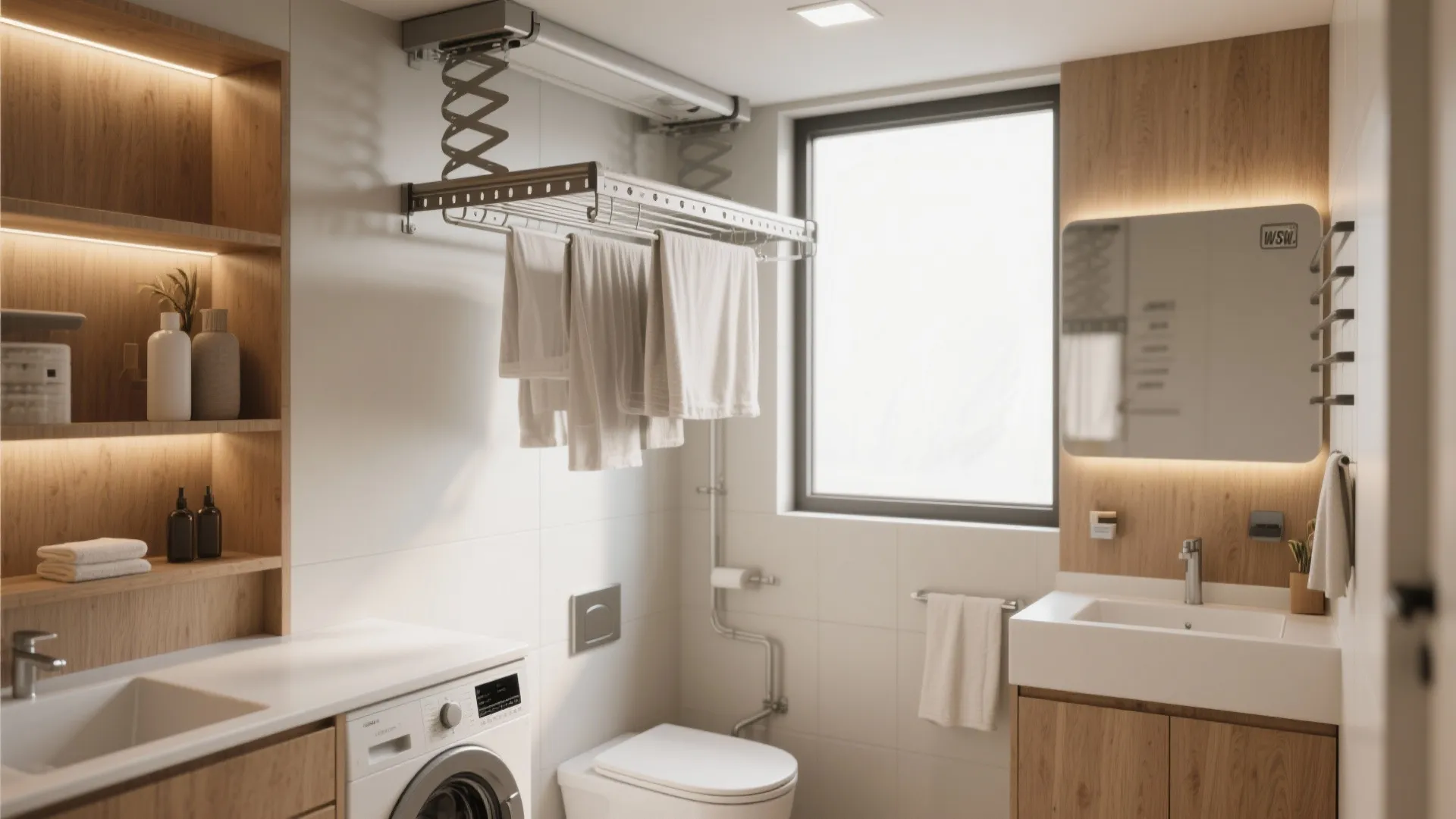 Modern laundry room featuring a washing machine white sink ceiling light and metal drying rack