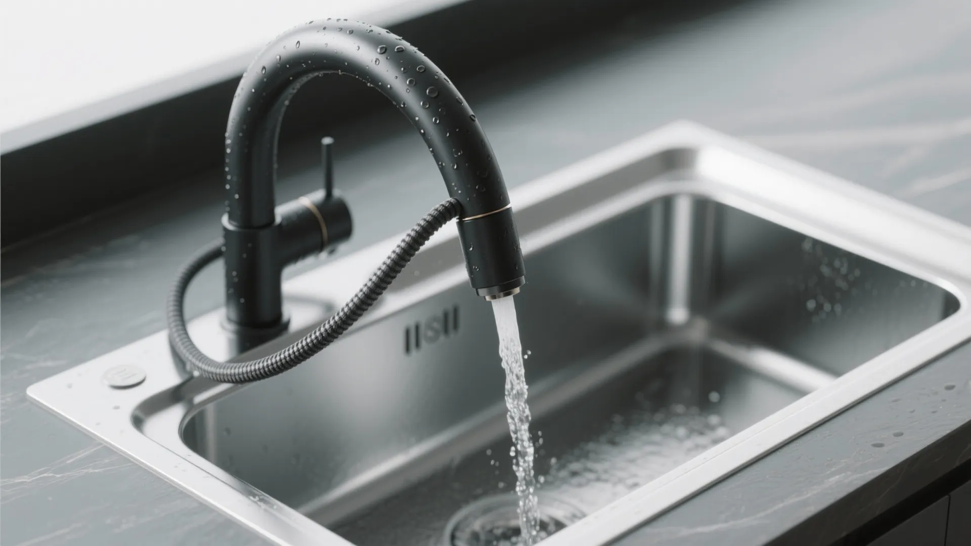 Modern black kitchen faucet with pull out sprayer running water into a stainless steel sink