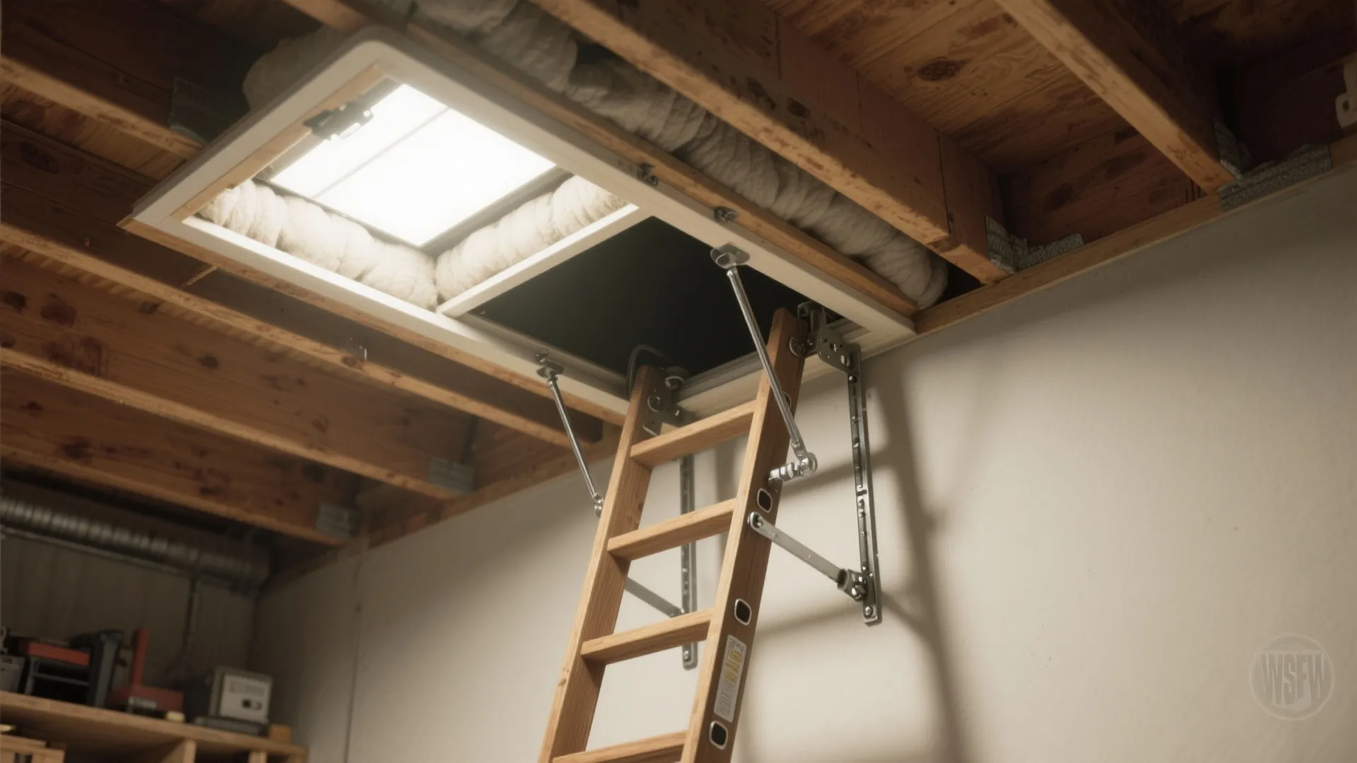 A wooden pull down ladder leading up through an open hatch in a basement ceiling