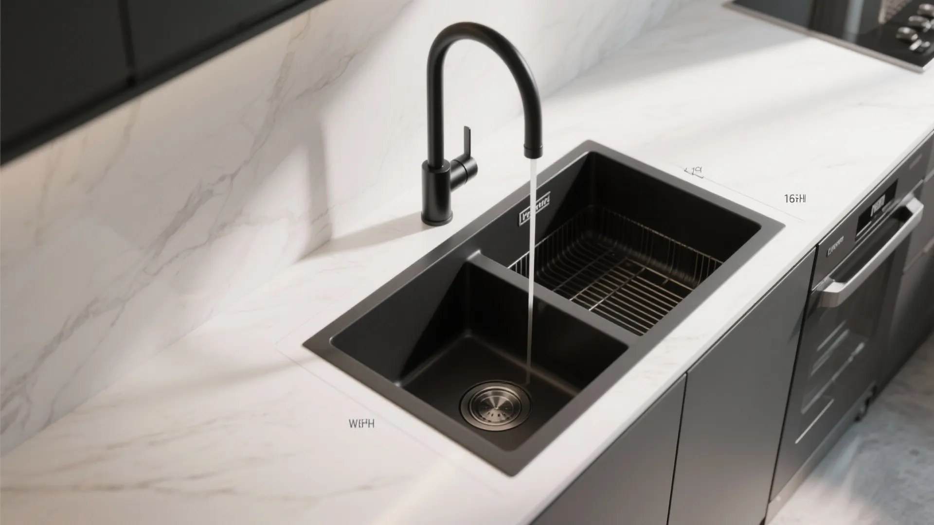 Modern black double kitchen sink with running water on white marble countertop and black faucet