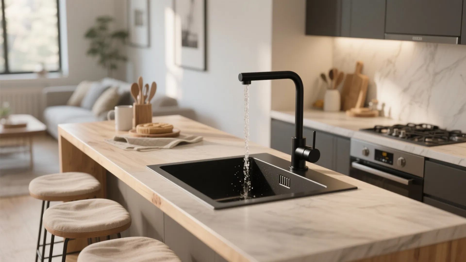 2. Pull-down matte black mixer for multifunctional small islands