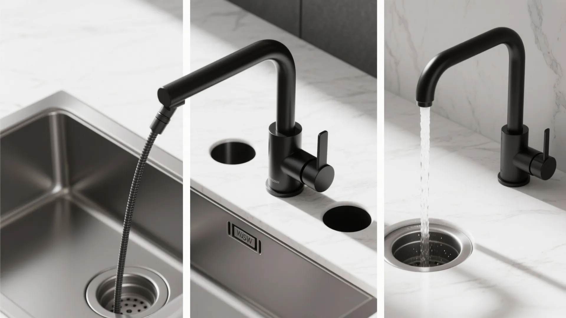 Black kitchen faucet showing pull down hose functionality and water running into a silver drain