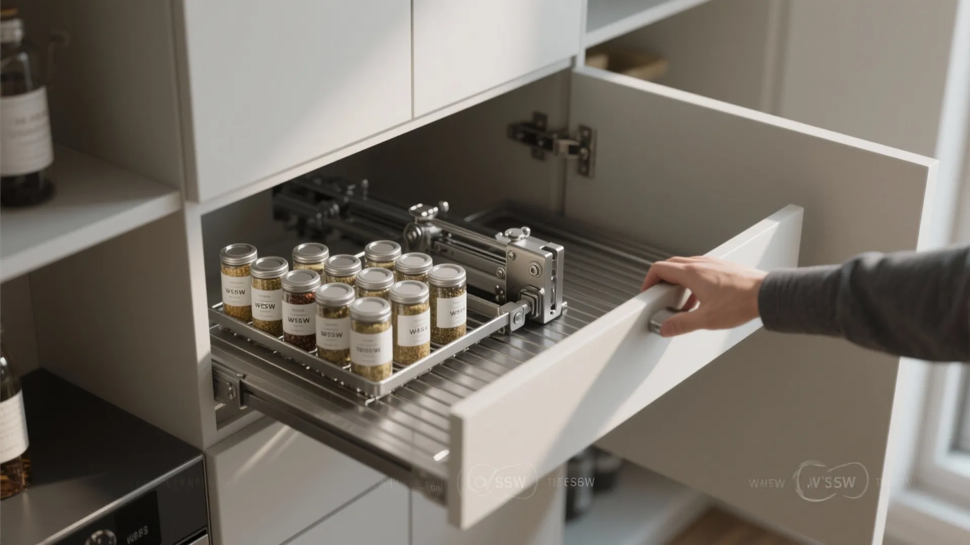 Hidden pull-down rack inside an upper cabinet revealed with small canisters and visible mechanism for easy reach.