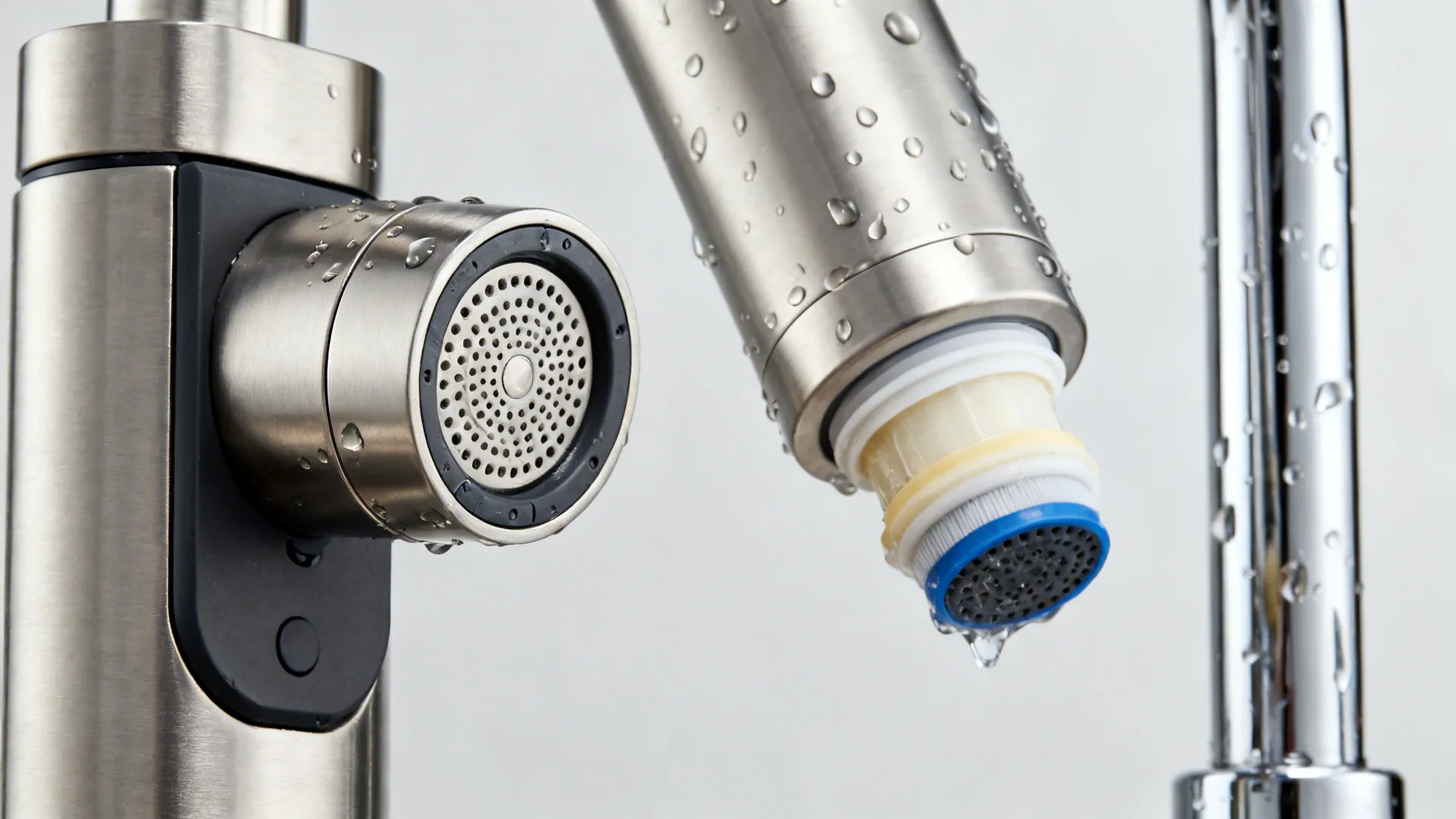 Macro of pull-down faucet spray head with strong magnetic dock next to a slim RO tap.
