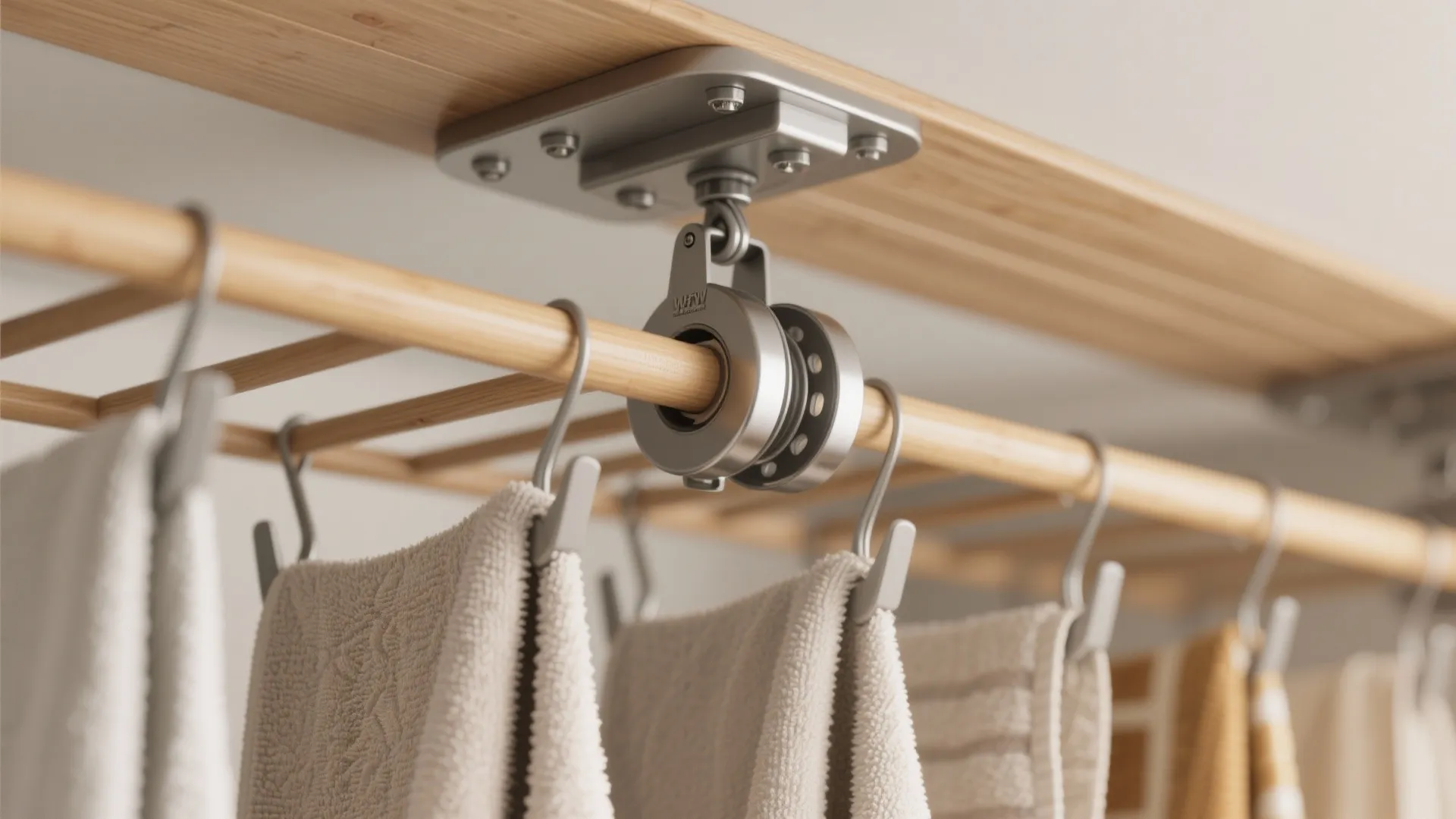 Close up of a wooden clothes hanging rod with metal hooks and soft white towels