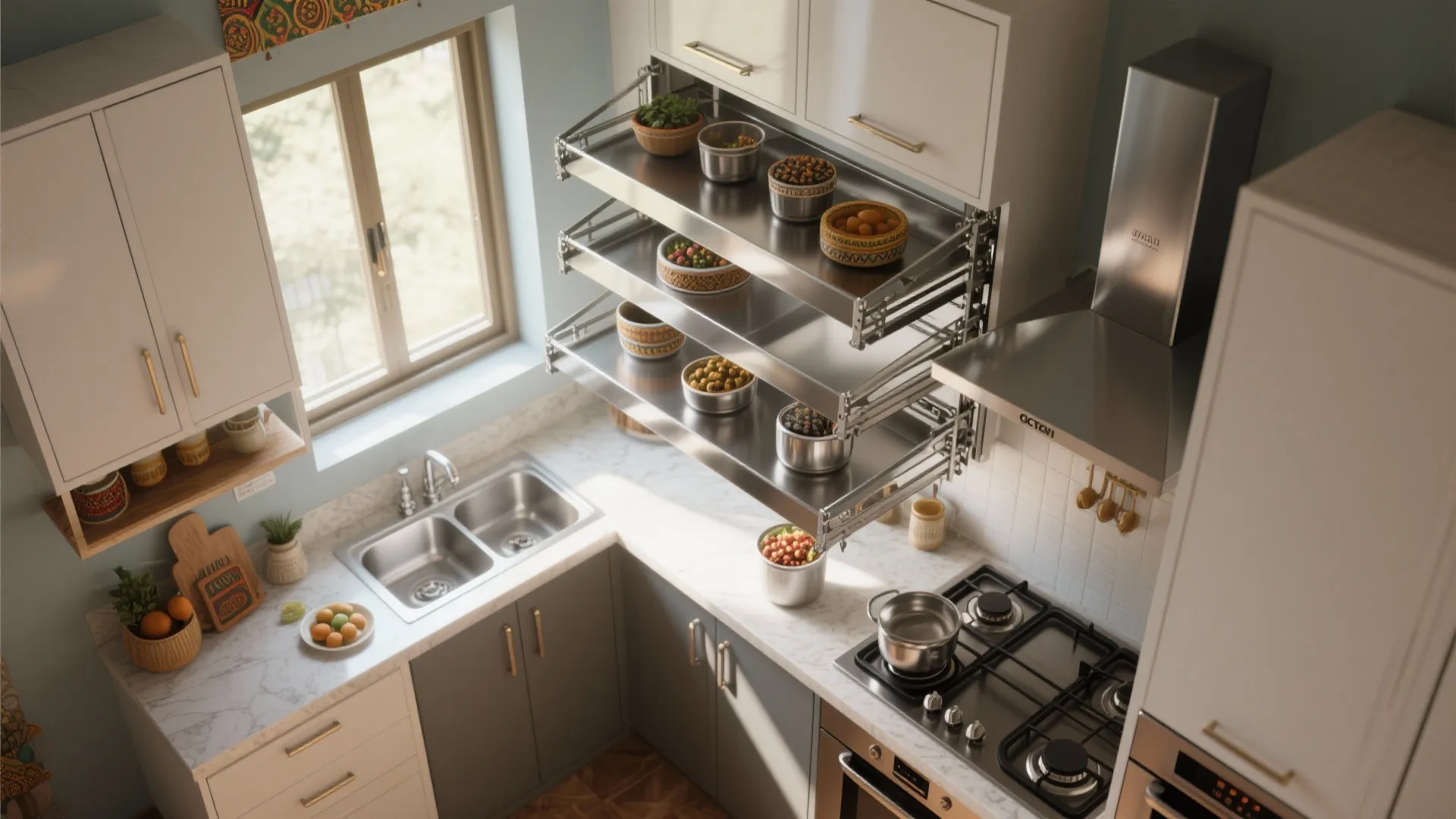 Overhead pull-down kitchen shelving with ergonomic mechanism