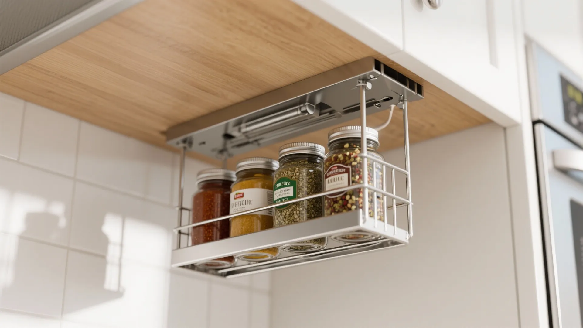 Pull-down spice rack under a cabinet in a small kitchen