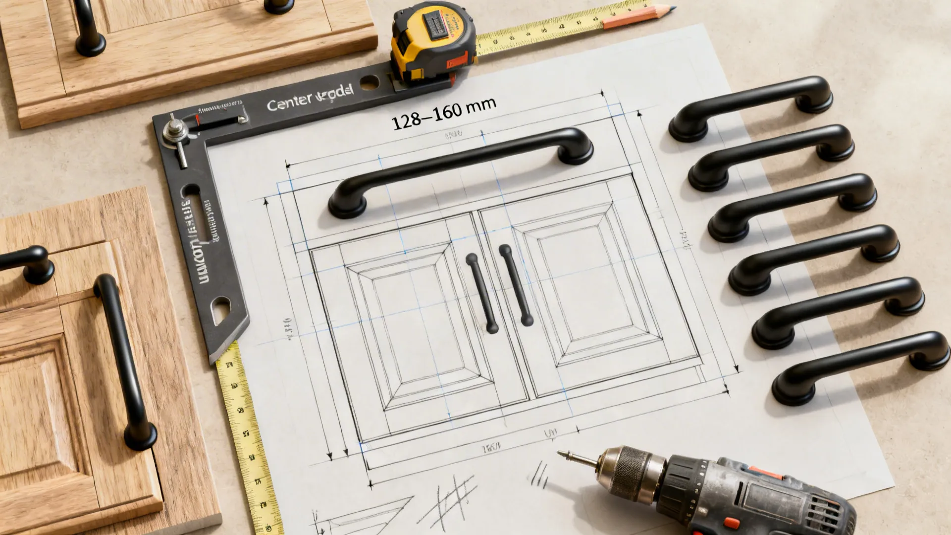 Top-down layout showing center-to-center measurements for installing bar pulls.