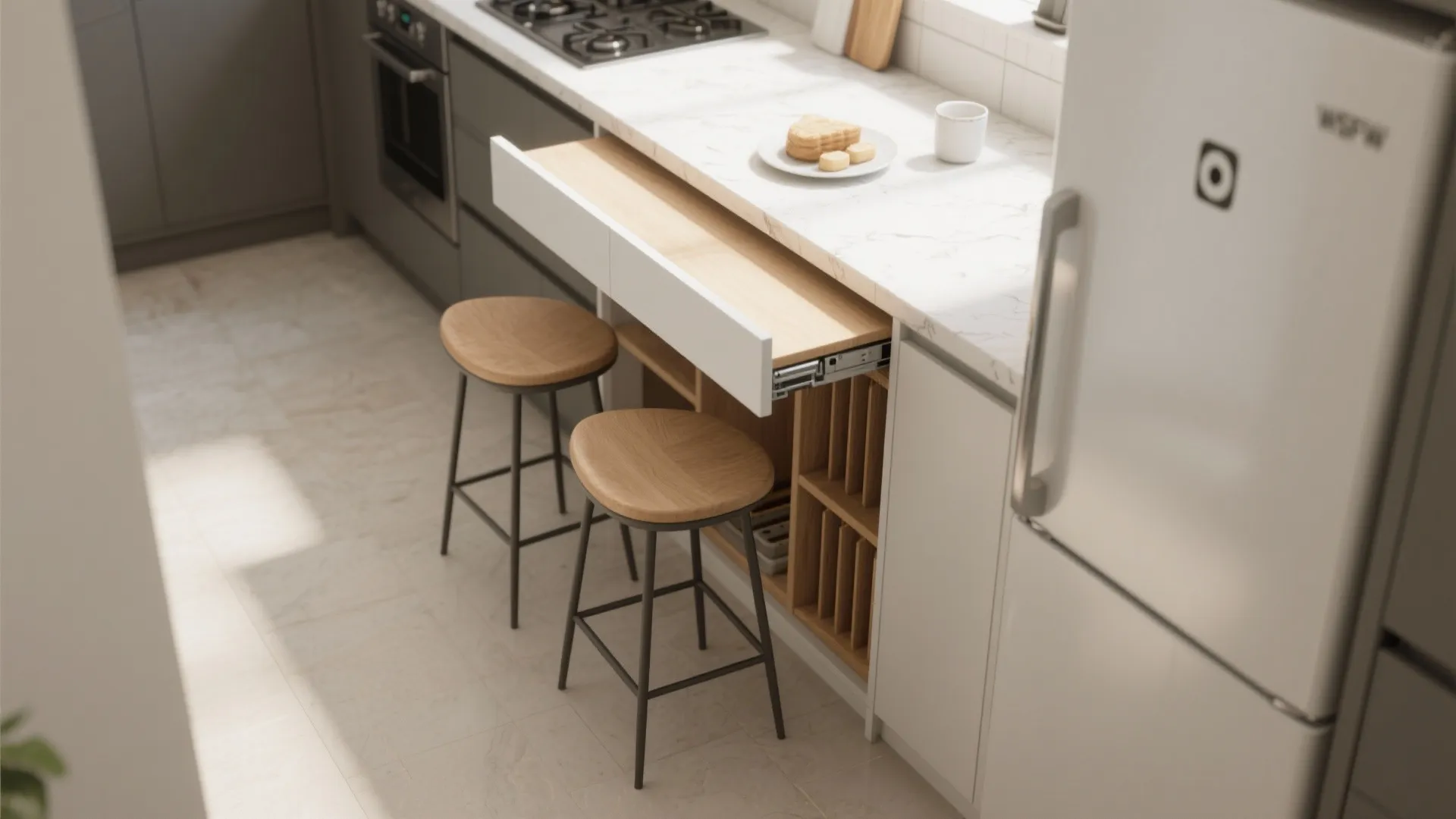 Modern grey kitchen featuring a marble countertop with pull out wooden breakfast bar and two stools
