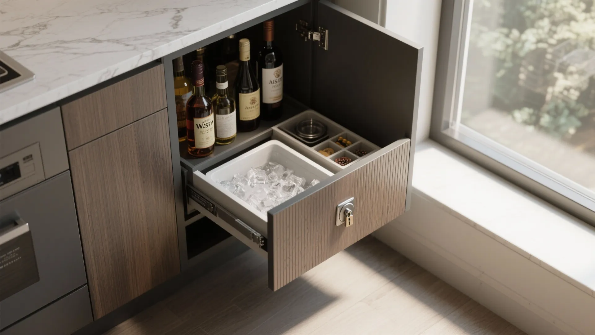 Top-down view of an under-counter pull-out bar drawer extended with bottles and a small prep surface.