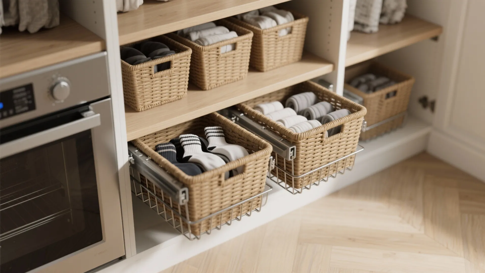Wooden cabinet shelves with woven pull out storage baskets filled with folded socks and clothing