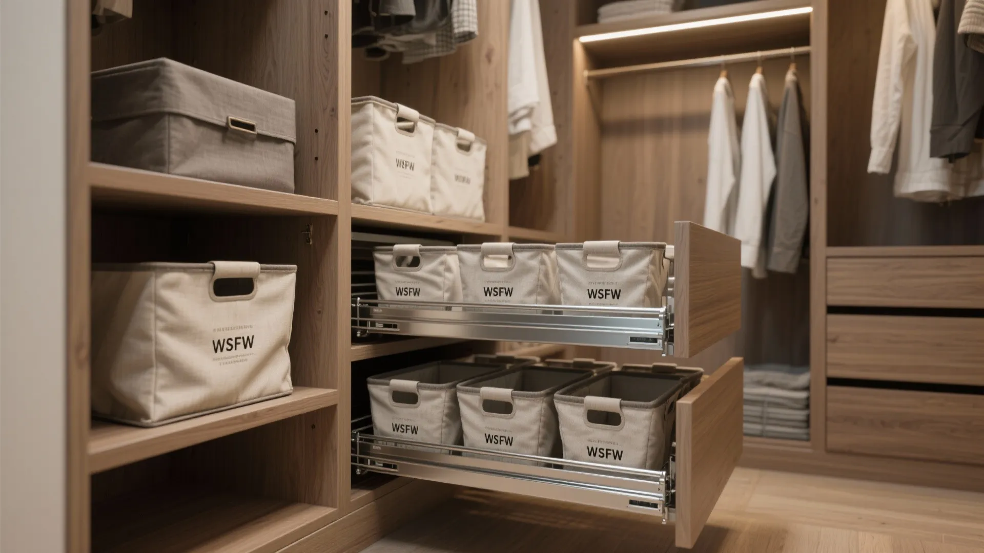 Walk in closet featuring wood shelves and pull out metal drawers with fabric storage bins