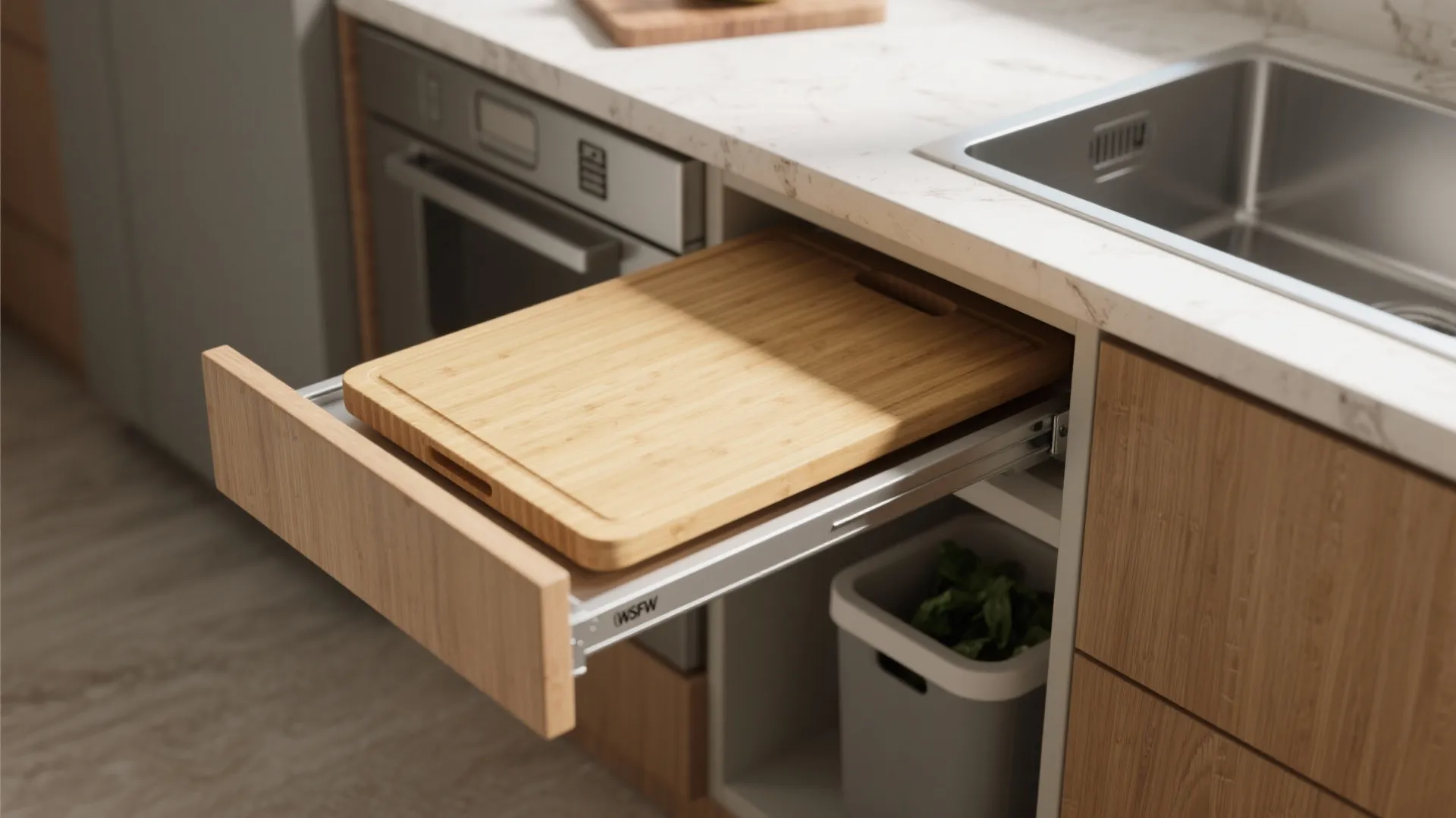 Modern kitchen with pull out wooden cutting board drawer located under white marble stone countertop surface
