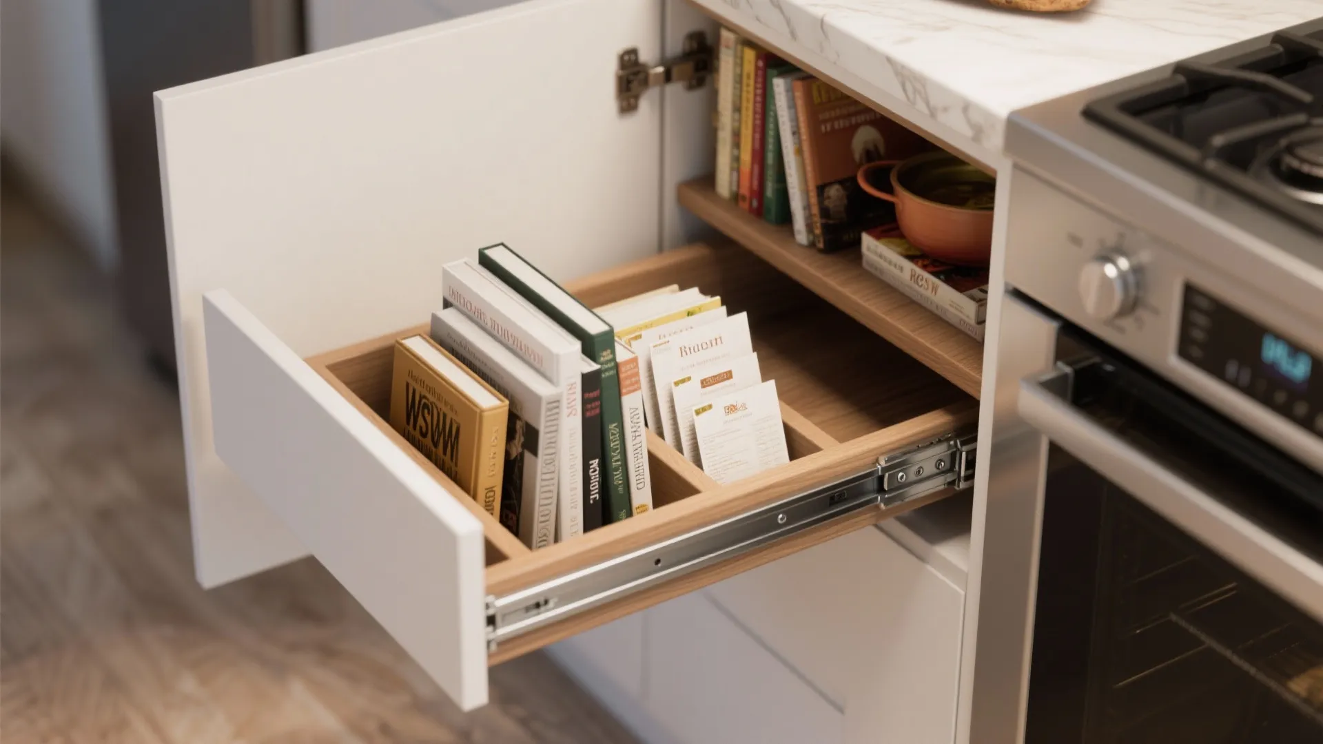 5. Narrow pull-out bookshelf tucked into a cabinet