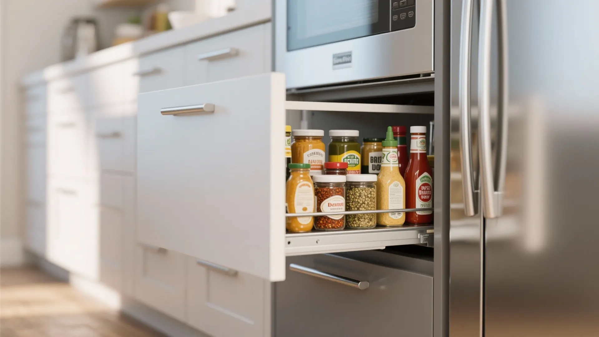 White kitchen pull out cabinet drawer organized with various spice jars and bottles of sauce