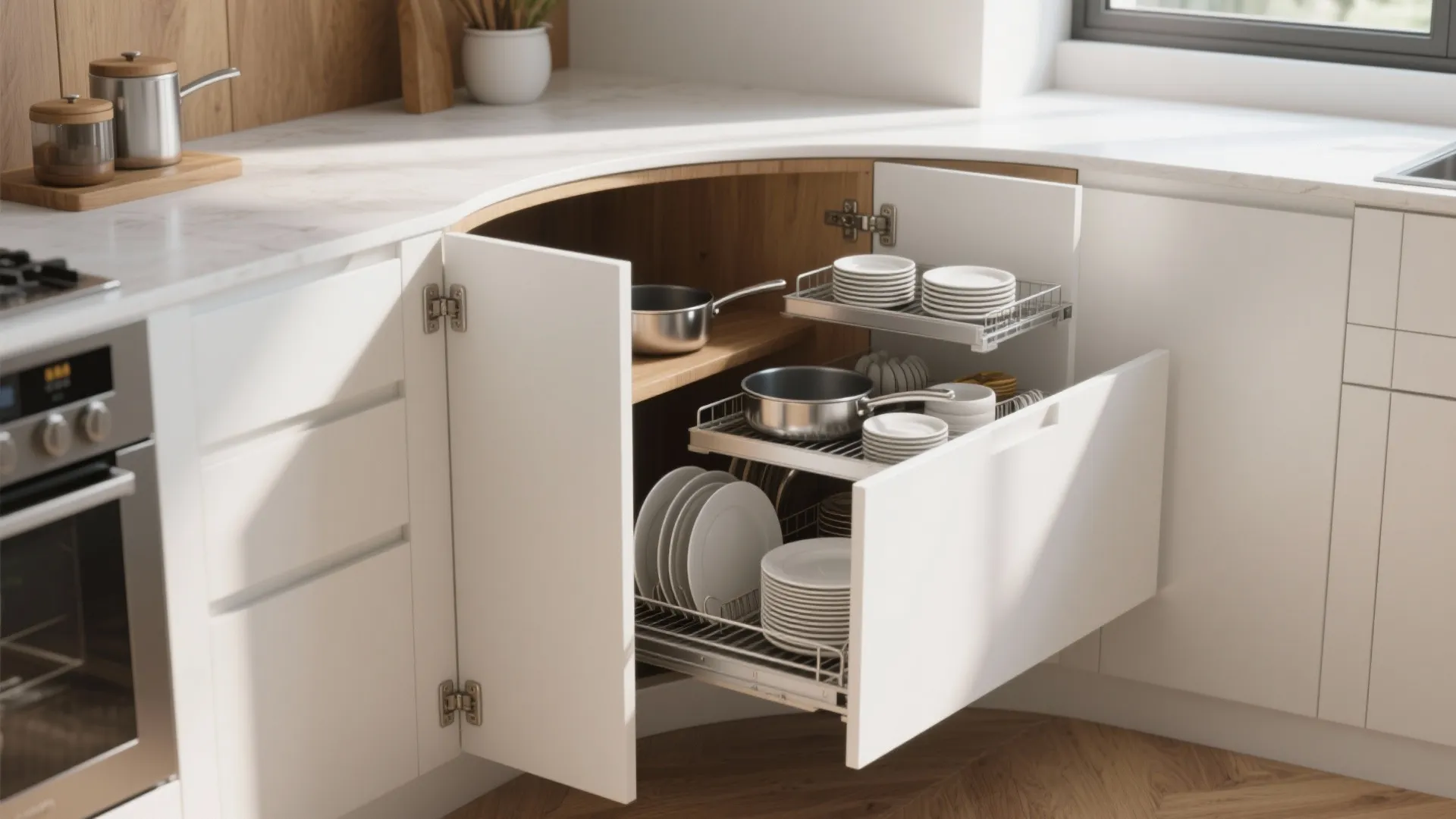 Open pull out corner kitchen cabinet drawer filled with white plates and metal cooking pots