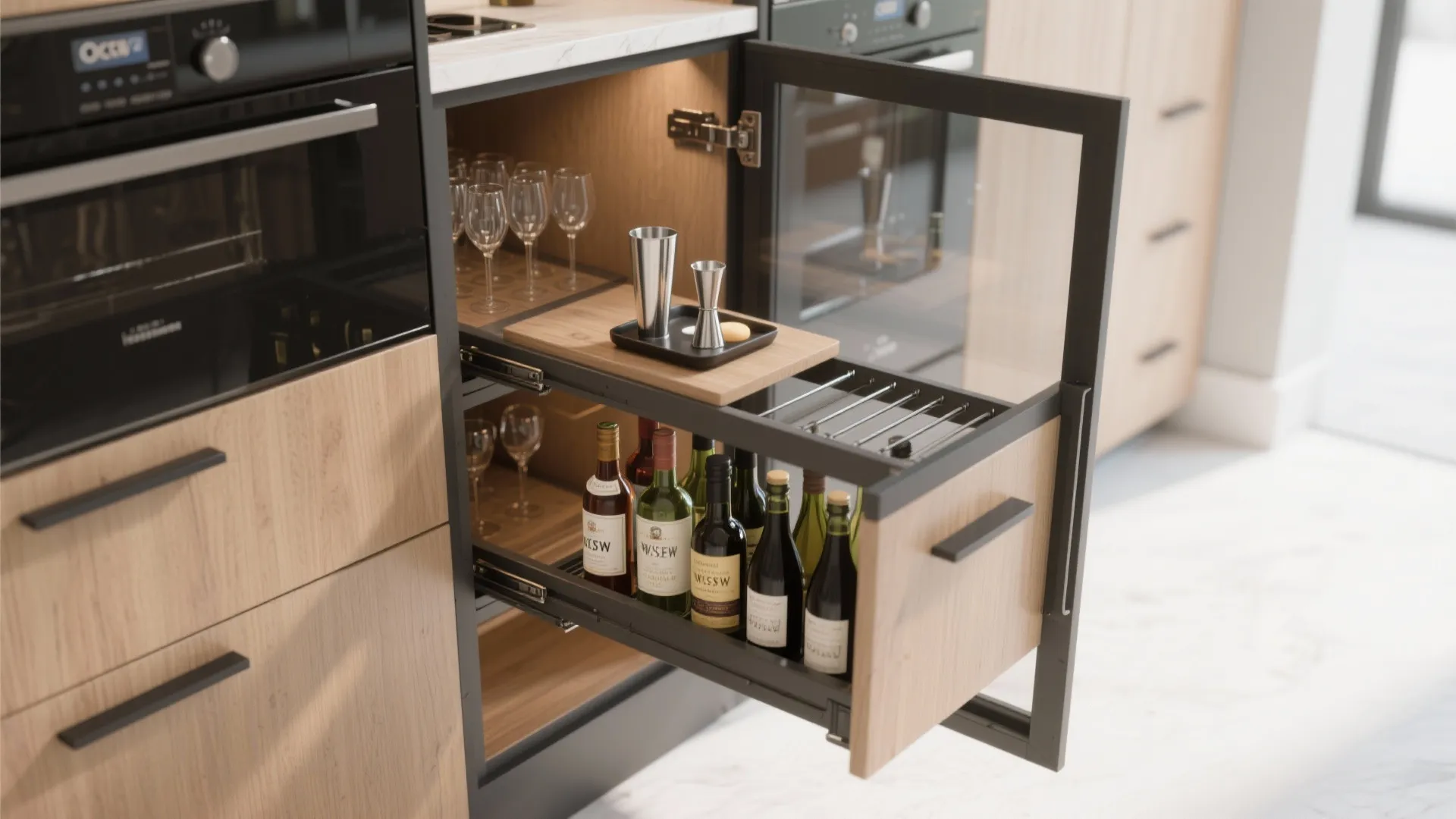 Modern wood kitchen cabinet with pull out drawer storage for wine bottles and drinking glasses