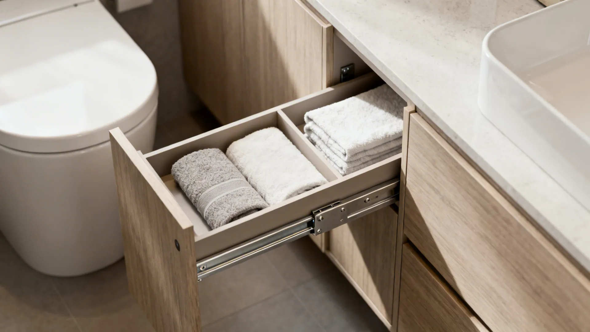 Slim pull-out cabinet open to reveal stacked towels on shallow trays