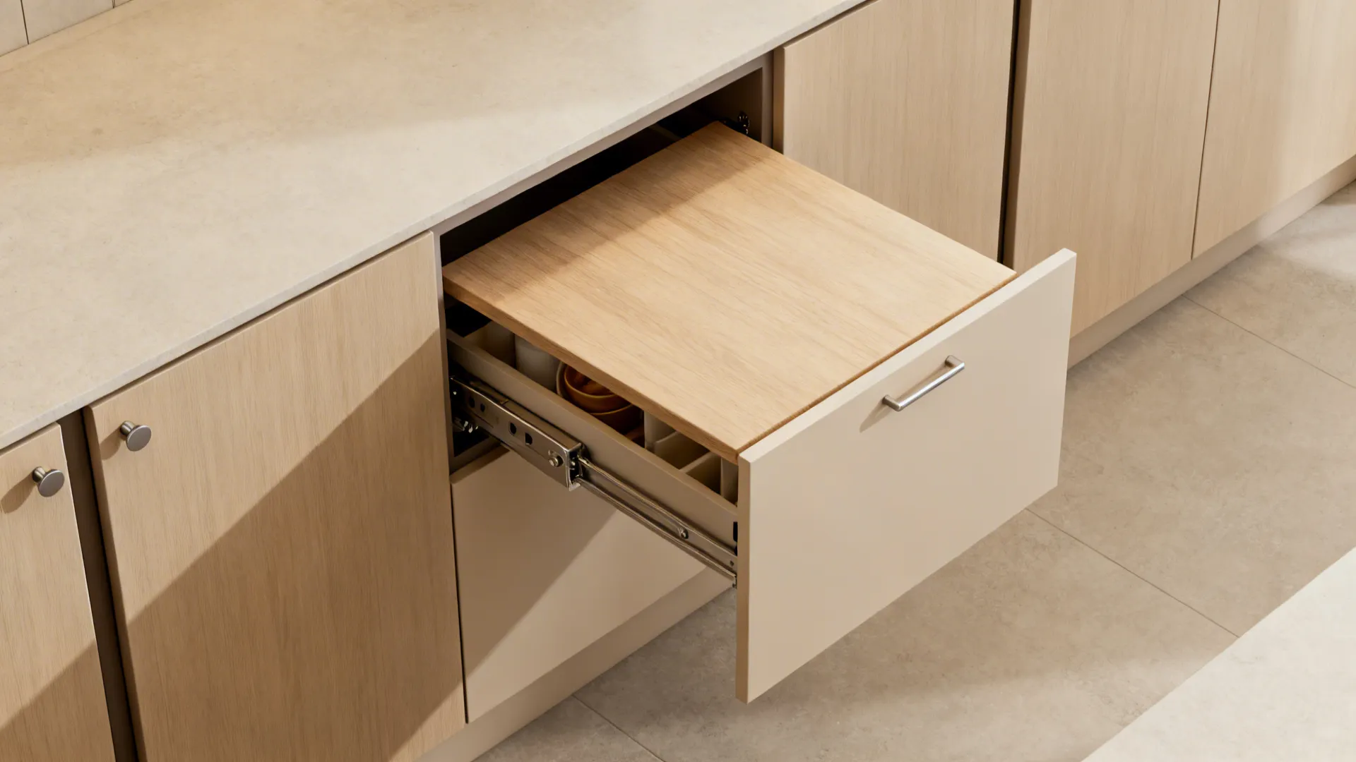 Recessed pull-out breakfast counter inside a full-height cabinet showing mechanism and hidden storage.