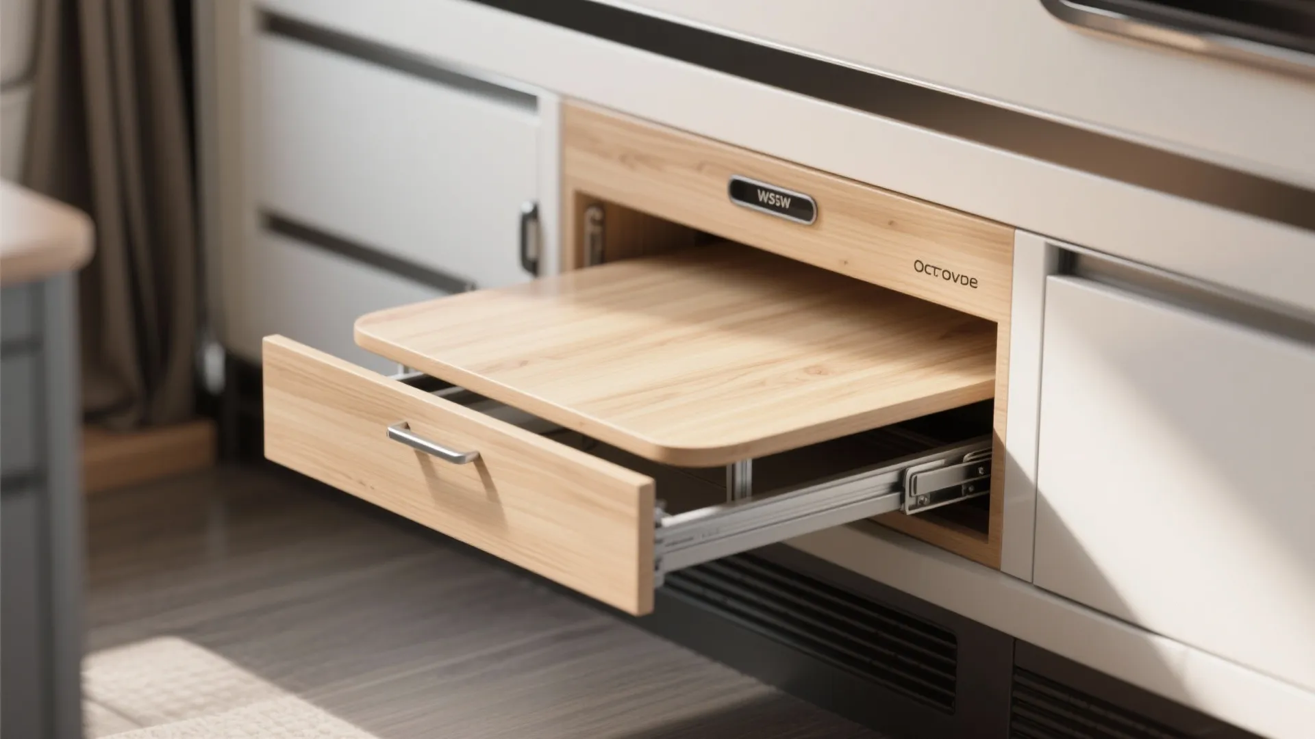 Modern white cabinet with a wood pull out table top and drawer for space saving design