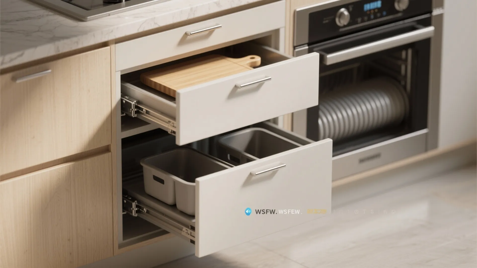 3. Pull-out cabinets and appliance garages for quick cleanup