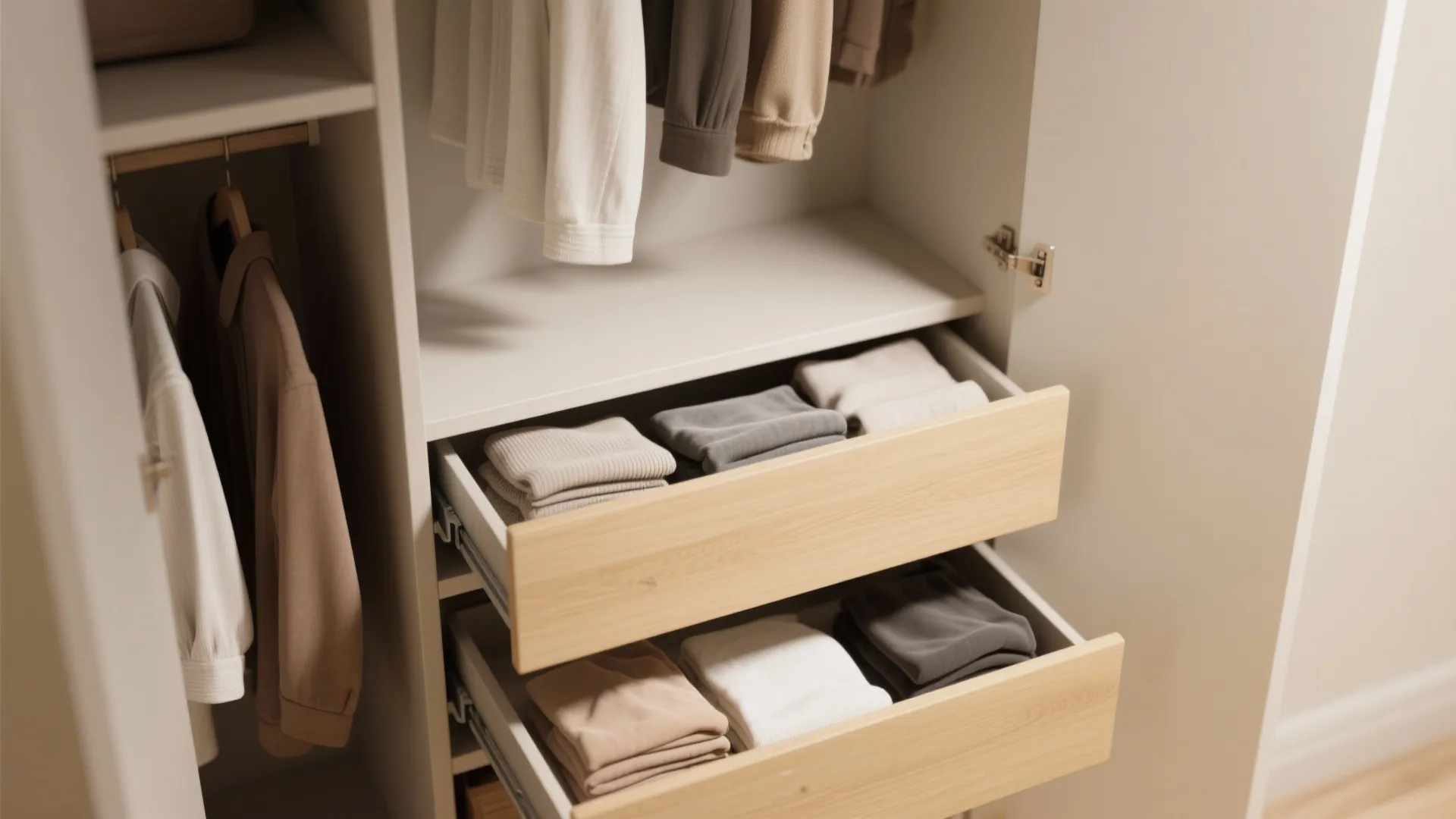 Open white closet drawers filled with neatly folded shirts and clothing items in neutral tones