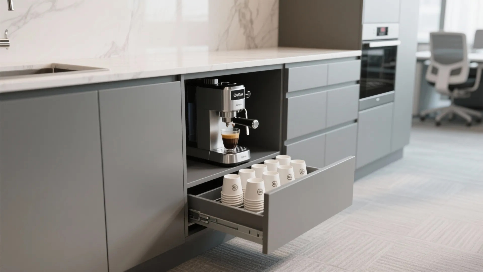 Pull-out drawer coffee station hidden in cabinetry.
