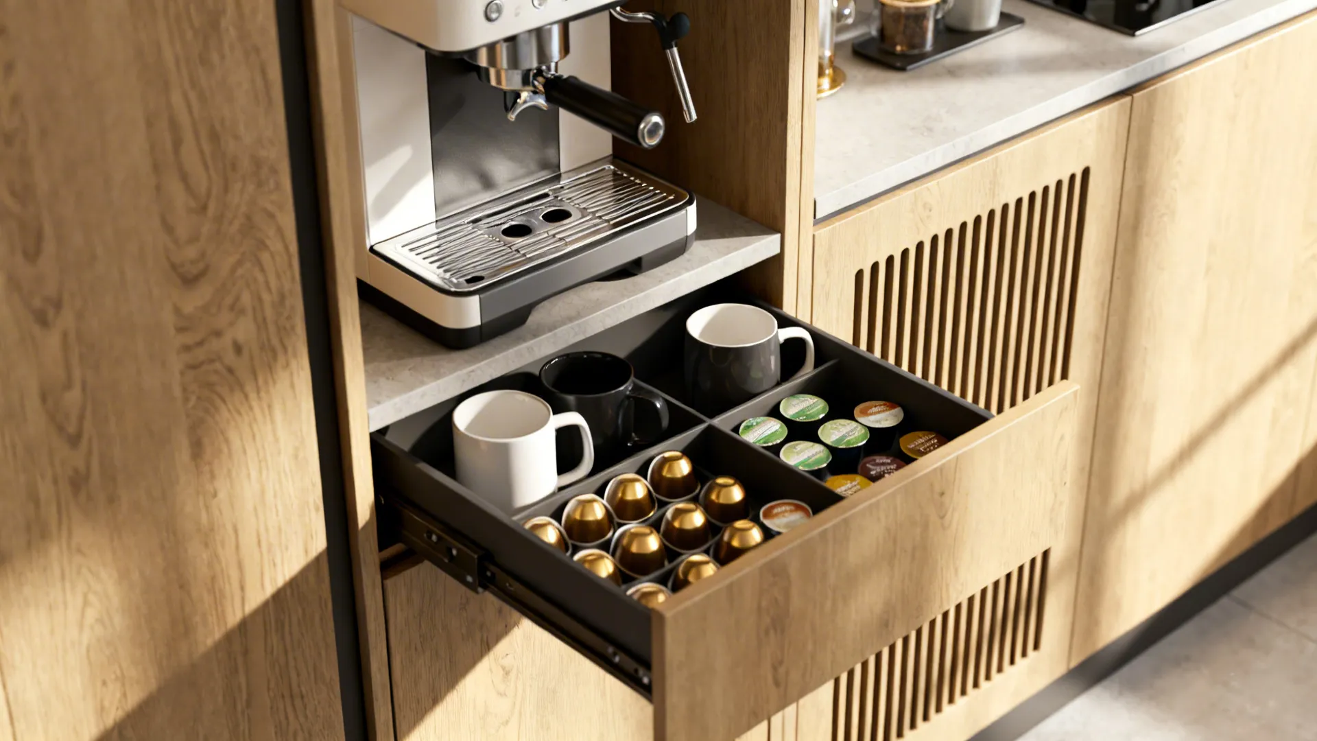 Narrow pull-out coffee drawer with espresso machine and drip tray inside a slim cabinet