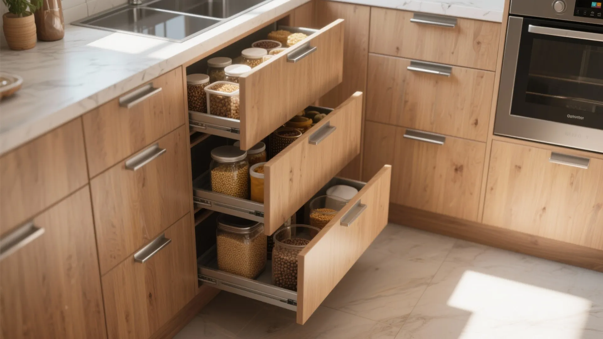 L-shaped kitchen corner with pull-out drawers storing dry goods