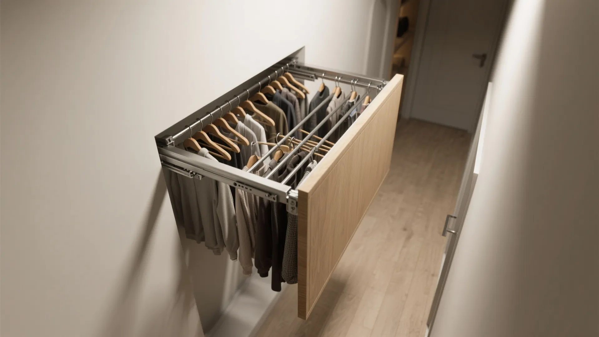 Modern wood pull out closet rack mounted in a hallway with clothes on wooden hangers