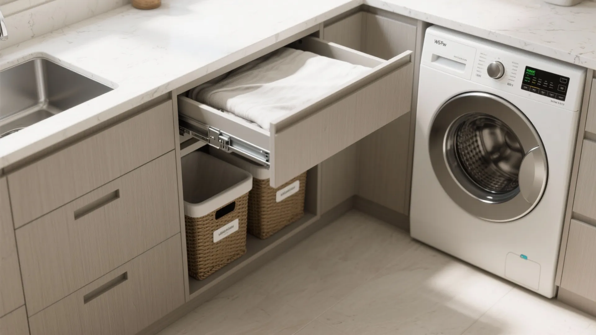 3. Pull-out folding counter and slide-away hampers