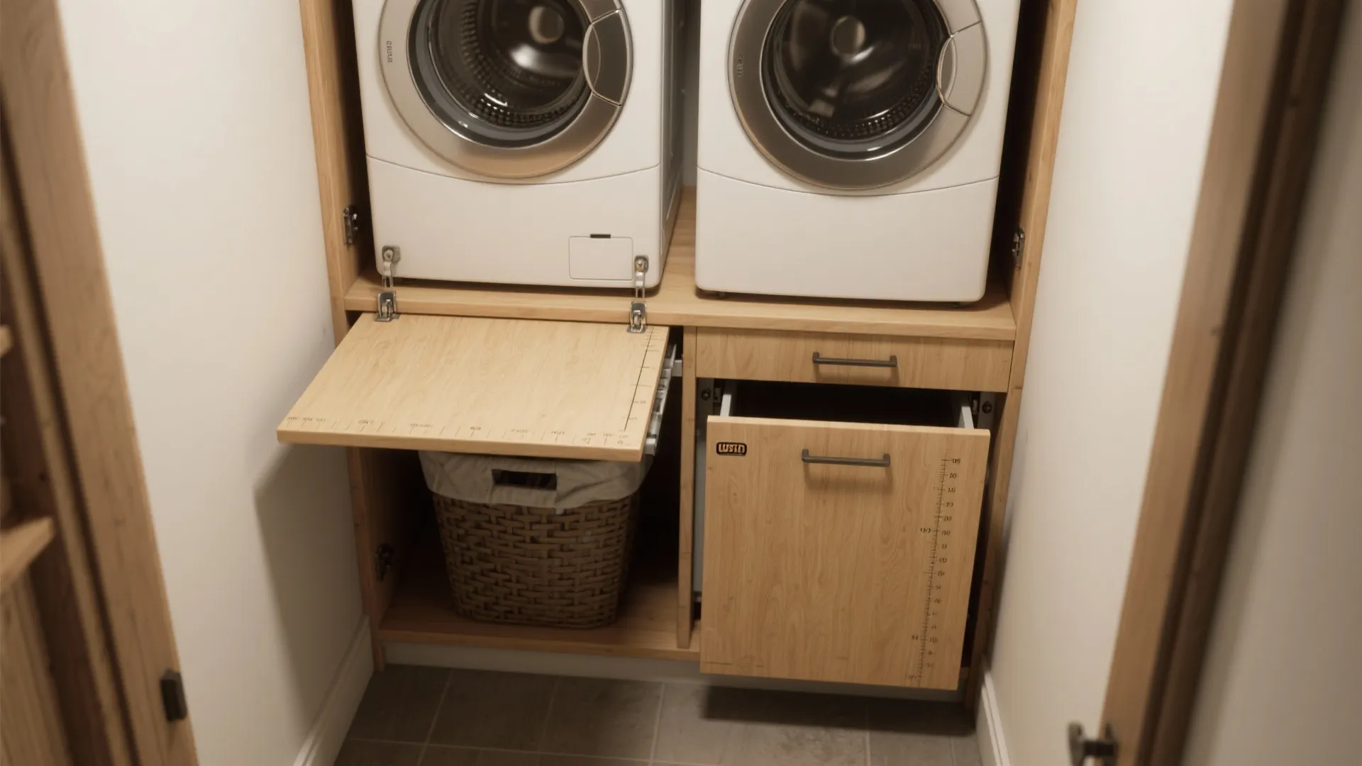 2. Pull-out hampers and a fold-down counter for folding