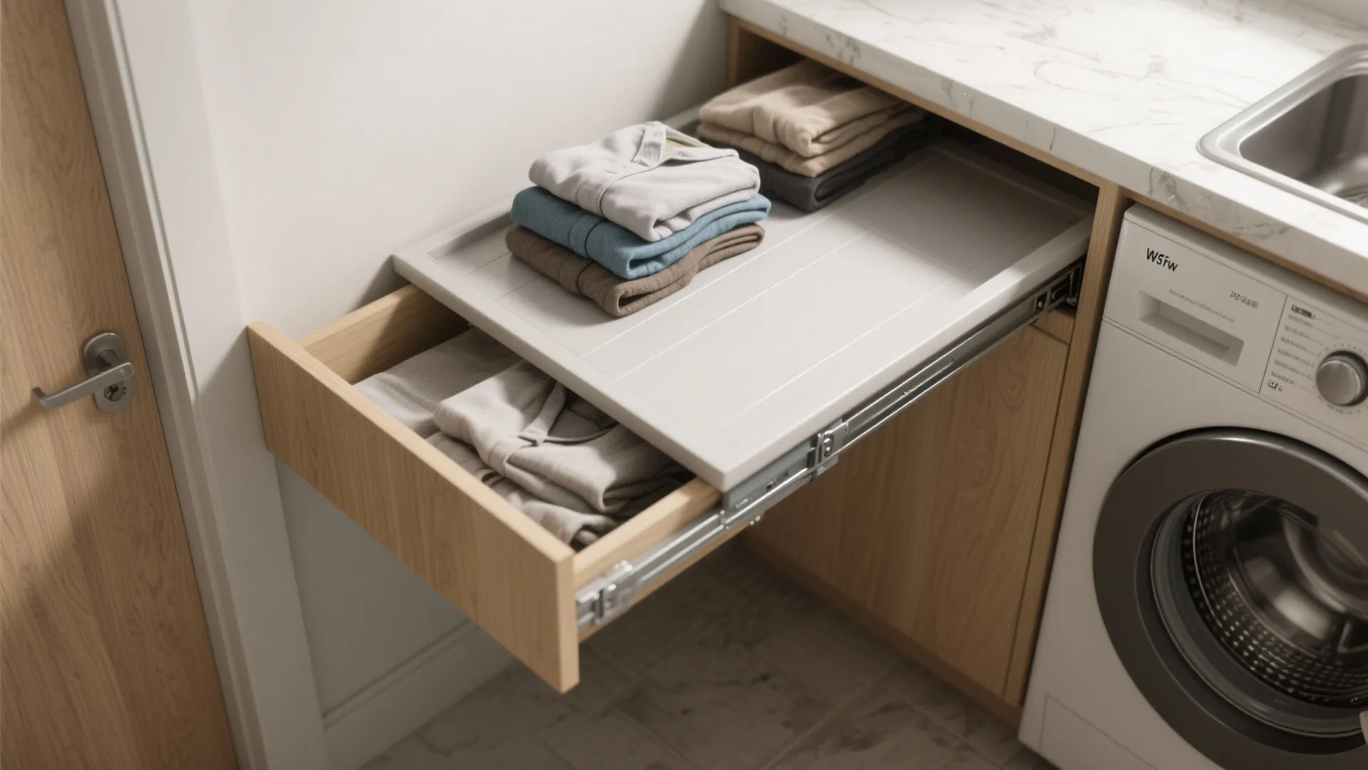 Modern laundry room featuring a pull out wooden drawer with white folding board for clothes